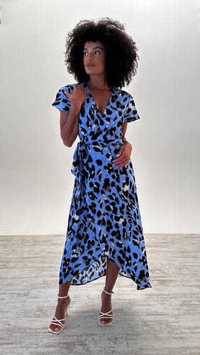 Cleo Maxi Dress in Blue Leopard