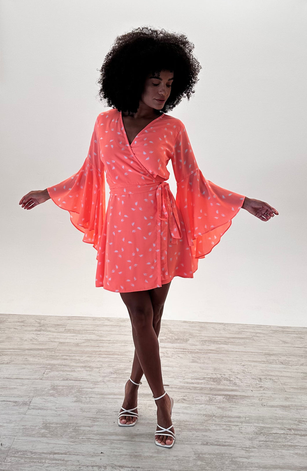 Bella Wrap Dress in Neon Coral Leaf