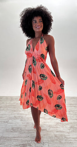 Becky Halter Dress in Coral Leaf