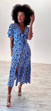 Load image into Gallery viewer, Luna Midi Tie Front Dress in Blue Leopard