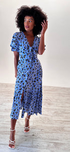 Luna Midi Tie Front Dress in Blue Leopard