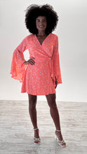 Load image into Gallery viewer, Bella Wrap Dress in Neon Coral Leaf