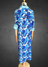 Load image into Gallery viewer, Amalfi Cotton Shirt Dress Maxi Blue Feathers