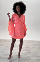 Load image into Gallery viewer, Bella Wrap Dress in Neon Coral Leaf