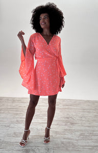 Bella Wrap Dress in Neon Coral Leaf