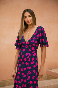 Ivorie Dress in Navy with Pink Daisy