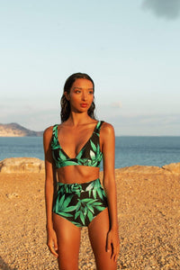 HALO High Waisted Bikini Set In Watercolour Green Leaf