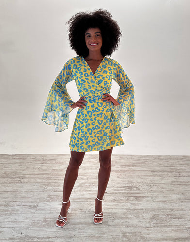 Bella Bright Yellow and Turquoise Wrap Dress