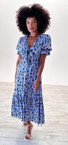 Luna Midi Tie Front Dress in Blue Leopard