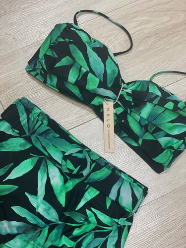 HALO High Waisted Bandeau Bikini Set In Watercolour Green Leaf