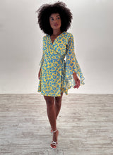 Load image into Gallery viewer, Bella Bright Yellow and Turquoise Wrap Dress