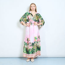 Load image into Gallery viewer, Floral Tropical Print Silky Maxi Shirt Dress in Pink