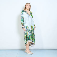 Load image into Gallery viewer, Floral Tropical Print V-Neck Silky Midi Dress in Dark Blue