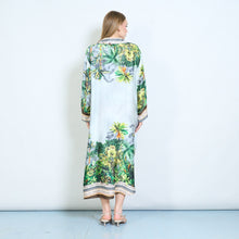 Load image into Gallery viewer, Floral Tropical Print V-Neck Silky Midi Dress in Dark Blue