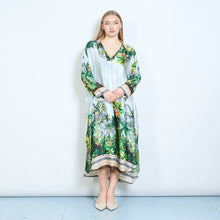 Load image into Gallery viewer, Floral Tropical Print V-Neck Silky Midi Dress in Dark Blue