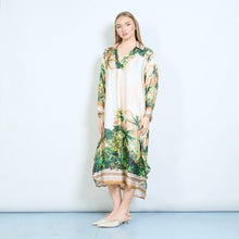 Load image into Gallery viewer, Floral Tropical Print V Neck Silky Midi Dress in Camel