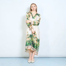 Load image into Gallery viewer, Floral Tropical Print V Neck Silky Midi Dress in Camel