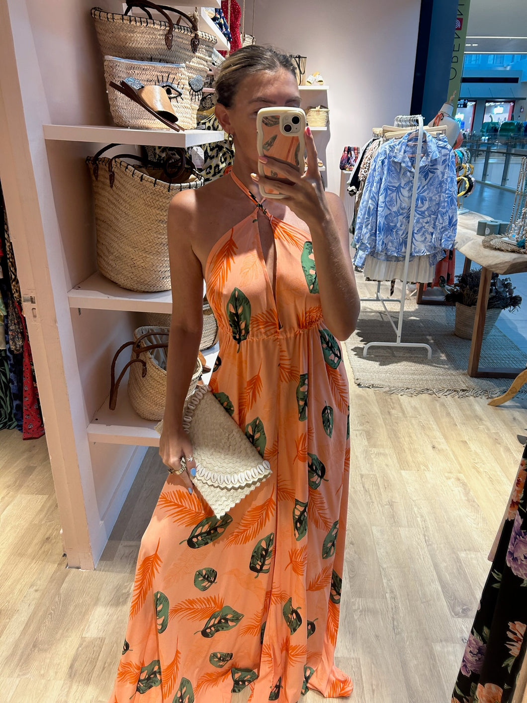 Bex Maxi Dress in Coral with Green Leaf