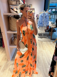 Bex Maxi Dress in Coral with Green Leaf