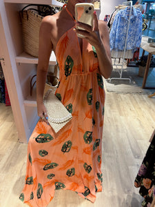 Bex Maxi Dress in Coral with Green Leaf