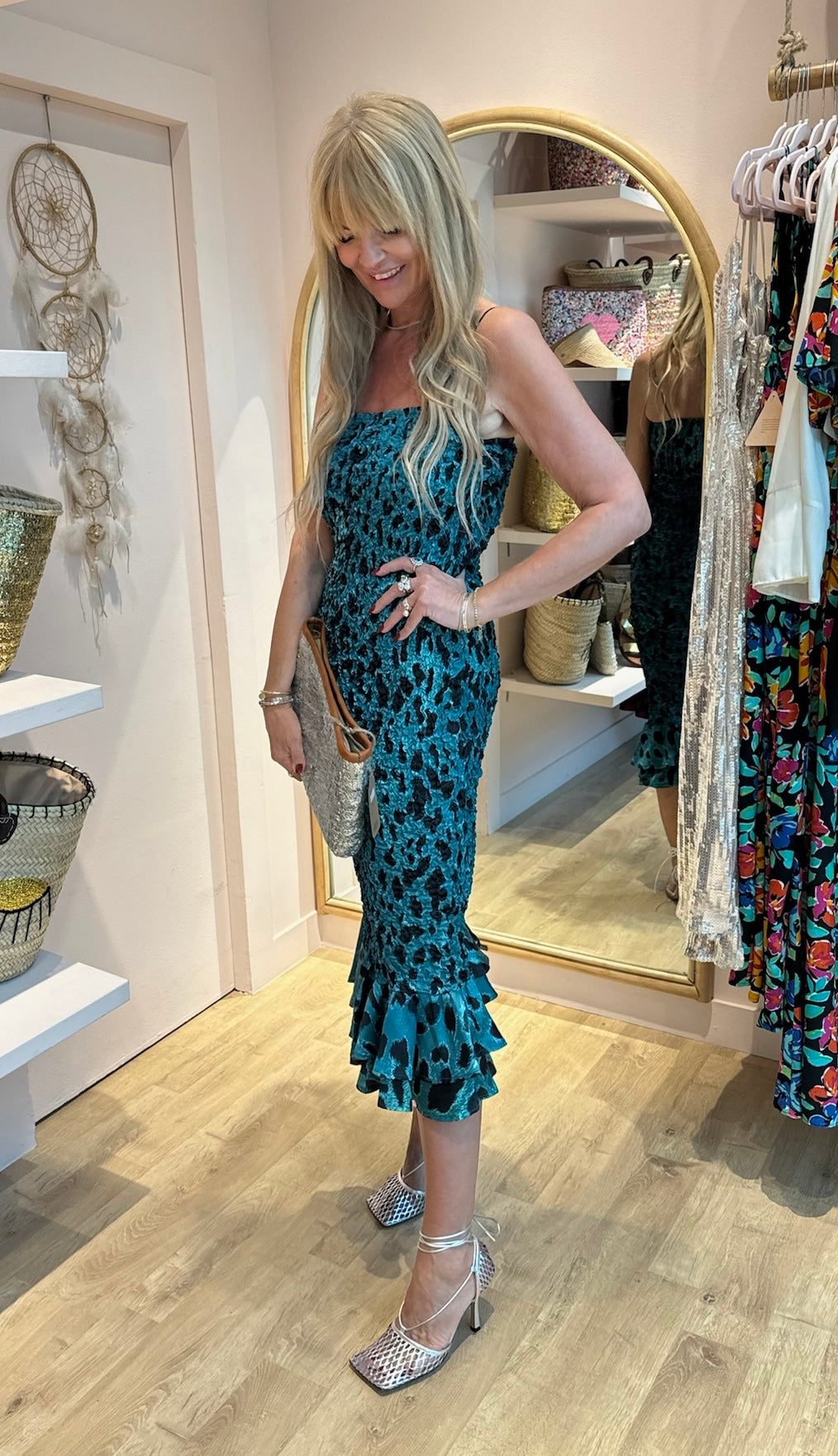 Luiza Sheering Dress in Green Leopard