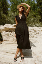 Load image into Gallery viewer, Nassau Button Down Midi Dress in Black (sun damaged)
