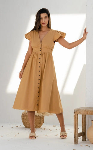 Nassau Button Down Midi Dress in Camel (sun damaged)