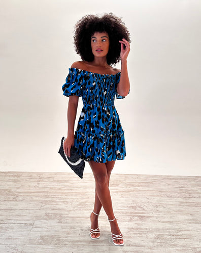 Bryony Mini Dress in Teal Leopard