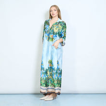 Load image into Gallery viewer, Floral Tropical Print Silky Maxi Shirt Dress in Black