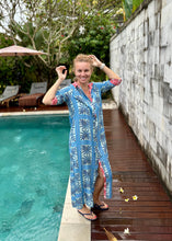 Load image into Gallery viewer, Amalfi Cotton Shirt Dress Maxi Sage Palm Tree