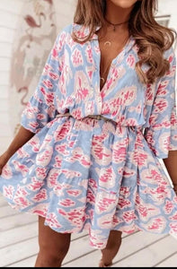 Lauren Dress in Blue with Pink Pop