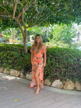 Load image into Gallery viewer, Cleo Maxi Dress in Coral with Green Pop