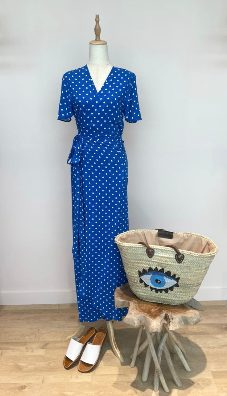 Cleo Maxi Dress in Blue Polka