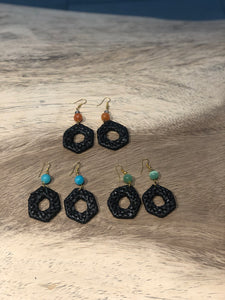 Rattan Hexagon Earrings in Black and Aqua