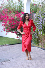 Load image into Gallery viewer, Scarlett Silky Wrap Dress in Vibrant Red