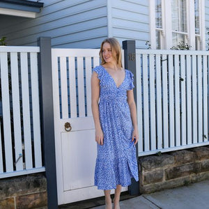 Dimity Midi Dress in Blue Floral with Back Detail