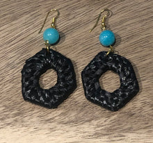 Load image into Gallery viewer, Rattan Hexagon Earrings in Black and Aqua