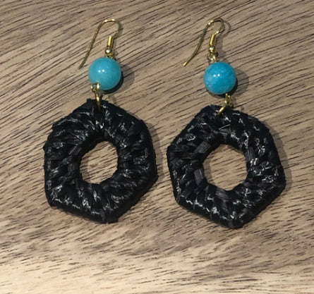 Rattan Hexagon Earrings in Black and Aqua