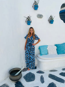 Cleo Maxi Dress in Blue Leopard