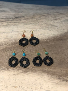 Rattan Hexagon Earrings in Black and Green