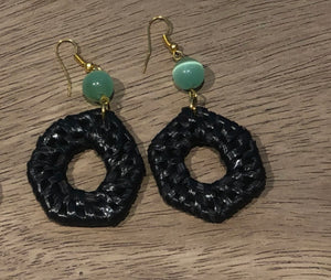 Rattan Hexagon Earrings in Black and Green