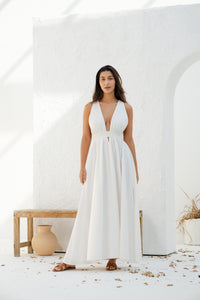 Athens Deep Cut Maxi Dress in White