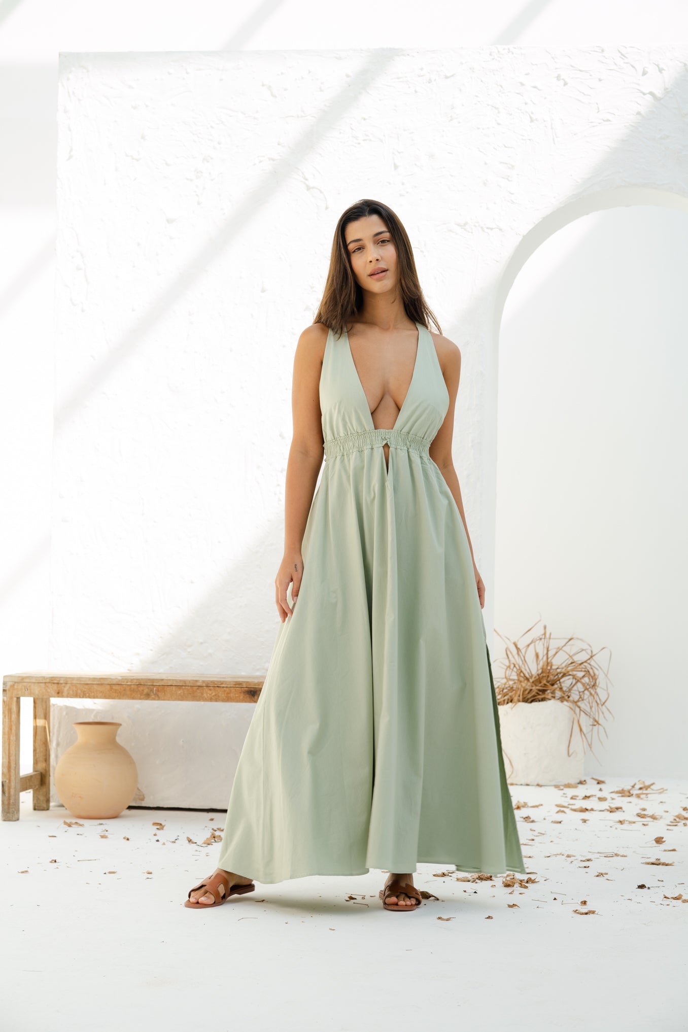 Athens Maxi Dress in Sage (sun damaged) Just Peachy Dubai Athens Maxi Dress in Sage (sun damaged) Just Peachy Dubai