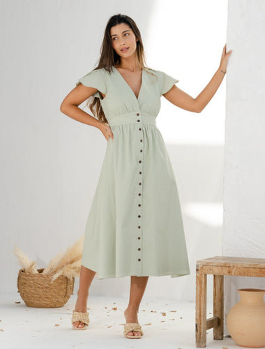 Nassau Button Down Midi Dress in Sage (sun damaged)
