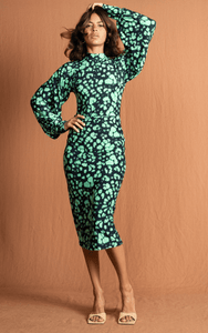 Zoe Midi Dress in Green Inky Leopard