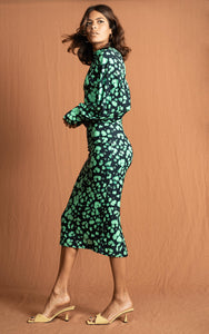 Zoe Midi Dress in Green Inky Leopard