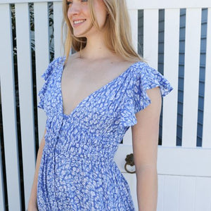 Dimity Midi Dress in Blue Floral with Back Detail