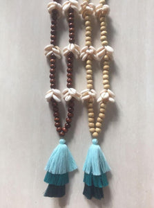 Wood & Shell Necklace in Aqua Tassel