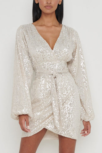 Tori Balloon Sleeve Sequin Dress in Champagne