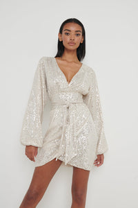 Tori Balloon Sleeve Sequin Dress in Champagne